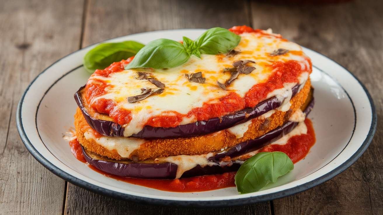 A serving of Keto Eggplant Parmesan with layers of cheese and marinara sauce.