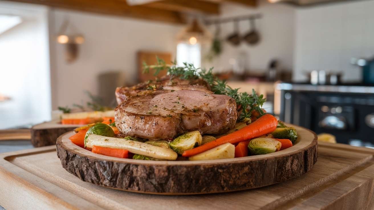 Keto pork chops served with roasted vegetables
