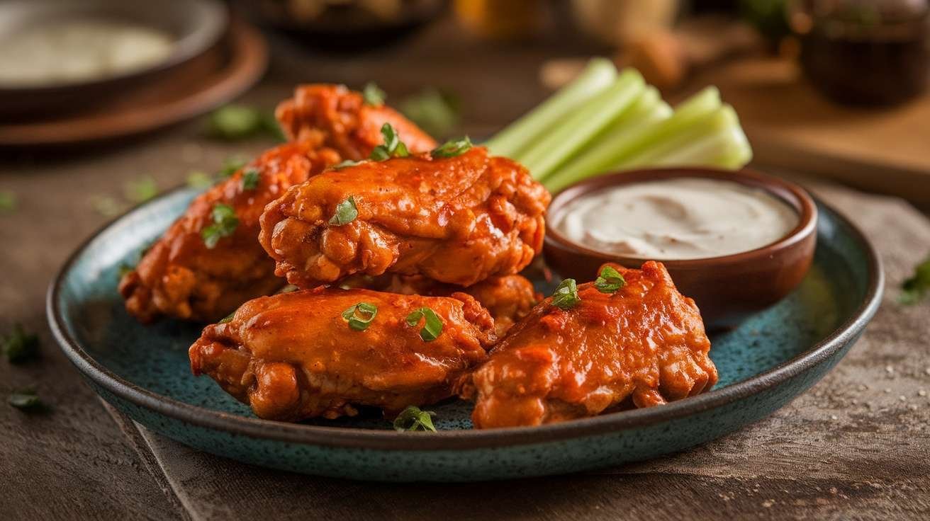 Keto Chicken Wings with celery and dipping sauce on a plate.