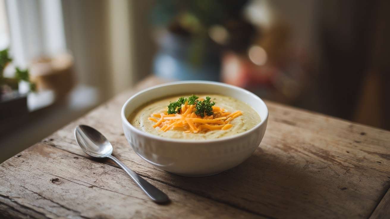 Bowl of creamy broccoli cheddar soup topped with cheese and parsley