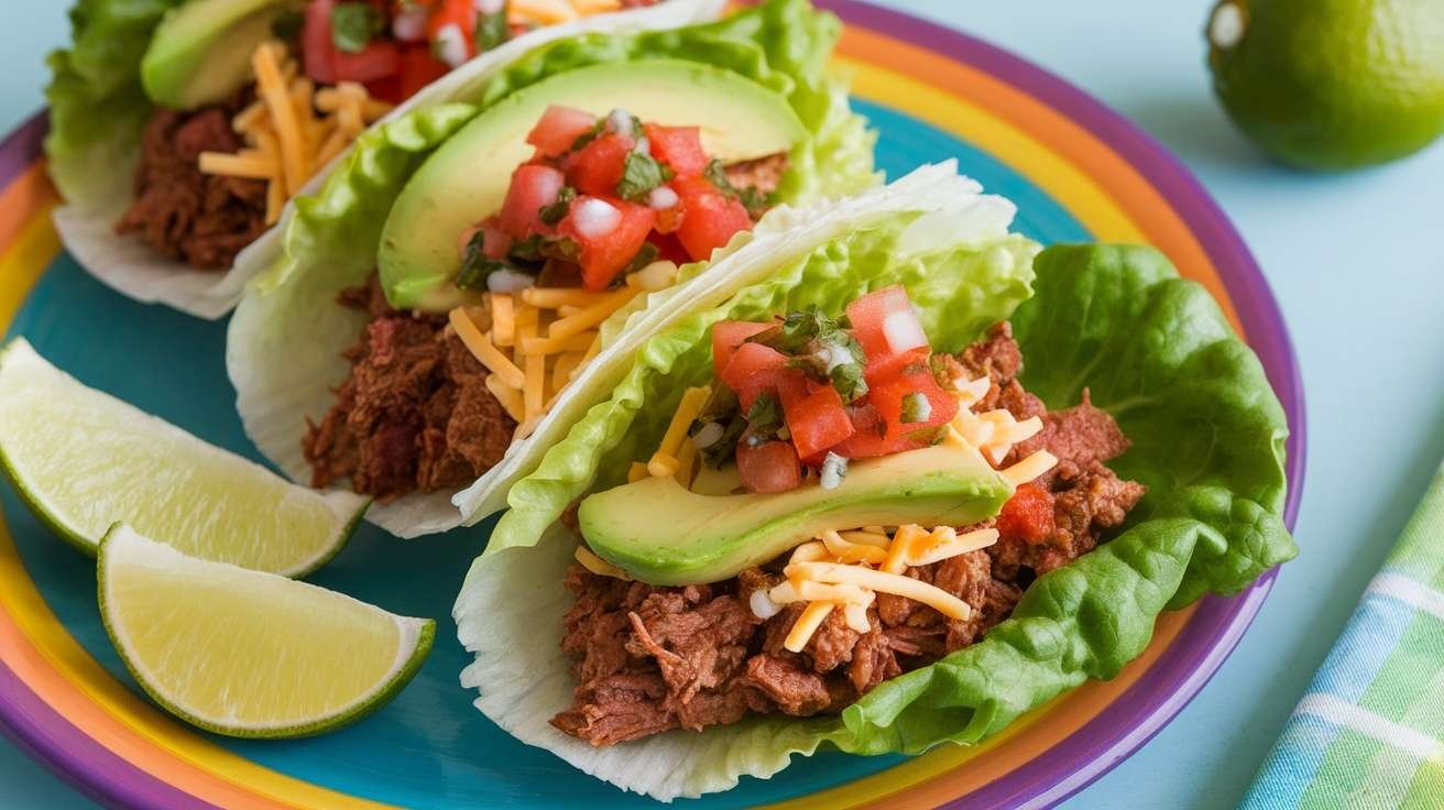 Lettuce-wrapped keto tacos filled with seasoned meat, avocado, and pico de gallo on a colorful plate.