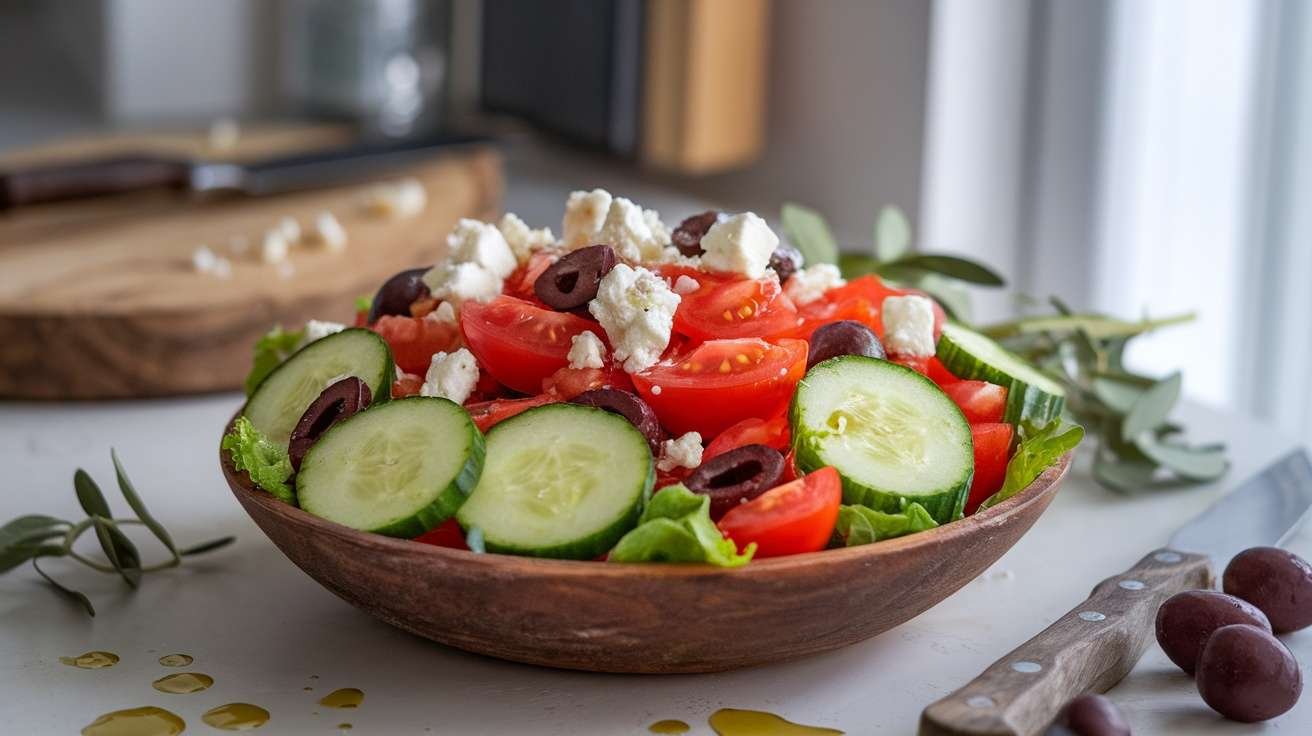 A bowl of fresh Keto Greek Salad with cucumbers, tomatoes, olives, and feta cheese.