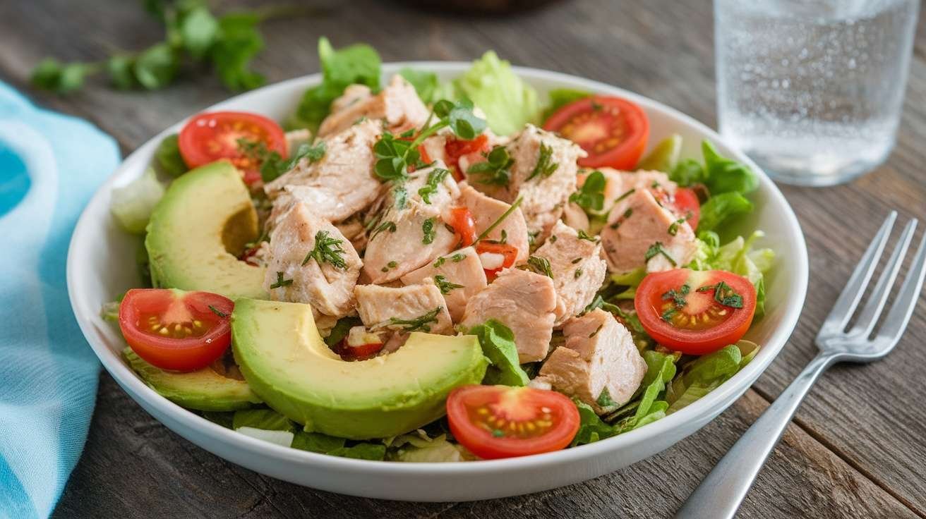 A bowl of Keto Avocado Chicken Salad with chicken, avocado, lettuce, and tomatoes