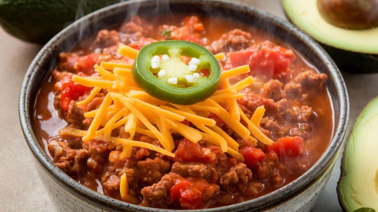 A bowl of keto chili topped with cheese and jalapeño slices, with avocados in the background.