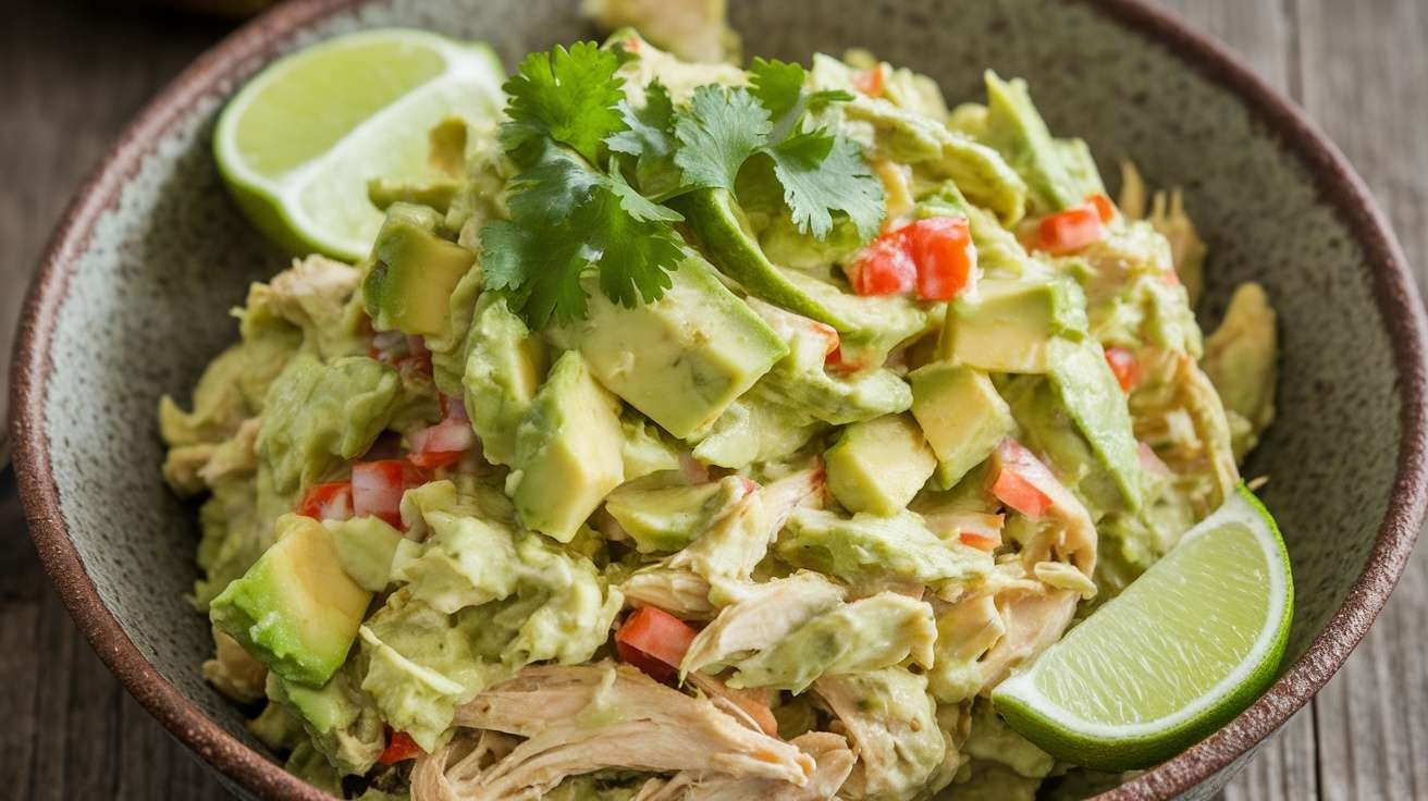 A bowl of avocado chicken salad with diced tomatoes, cilantro, and lime wedges.