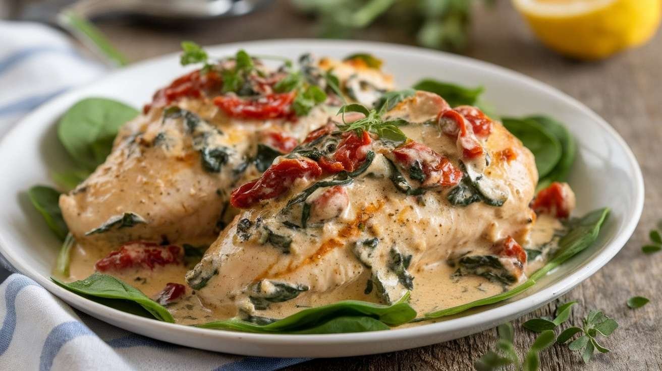Keto Creamy Tuscan Chicken served with spinach and sun-dried tomatoes.