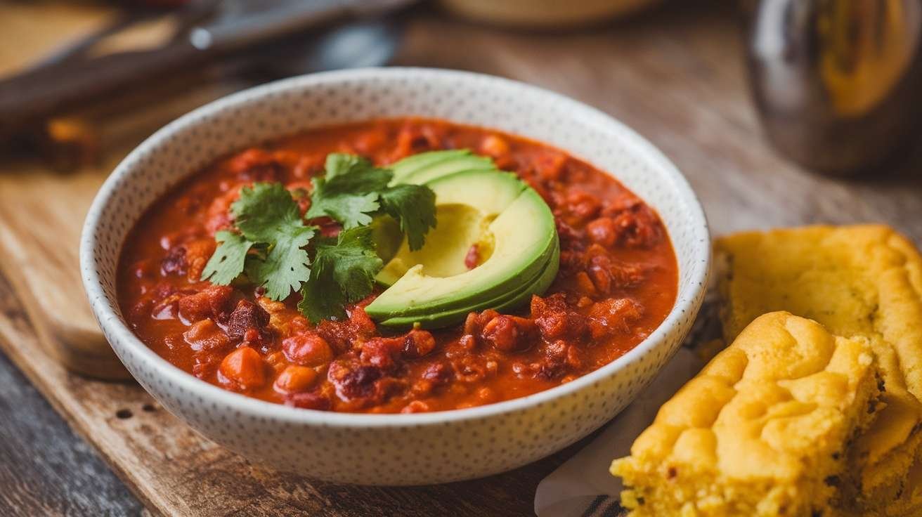 A bowl of keto chili garnished with avocado and cilantro.