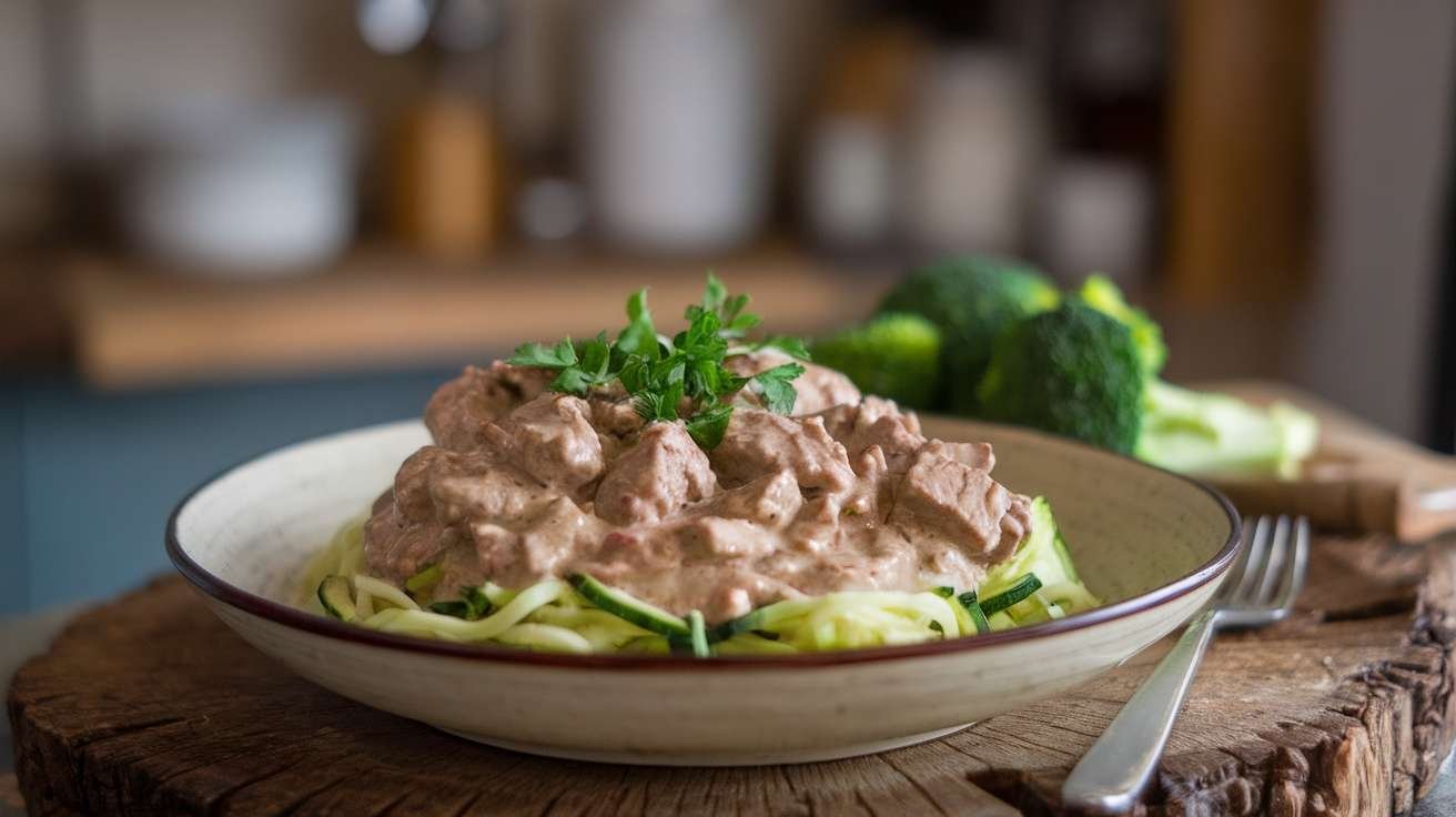 A delicious plate of Keto Beef Stroganoff served over zucchini noodles, garnished with fresh herbs.