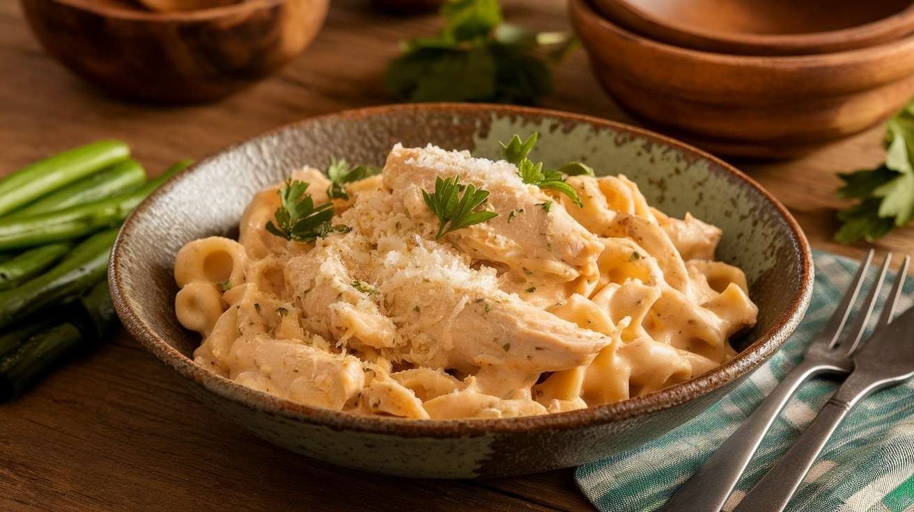 A bowl of creamy chicken alfredo pasta garnished with parsley.