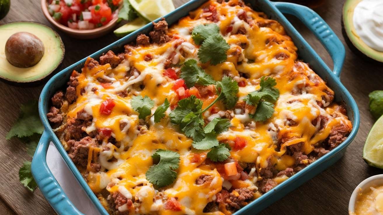 A delicious keto taco casserole topped with cheese and fresh cilantro.