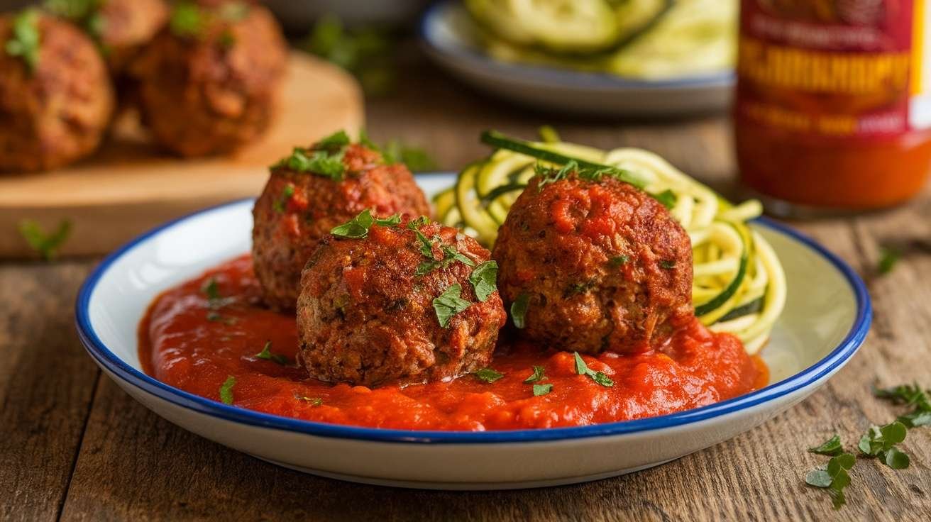 Keto meatballs served with tomato sauce and garnished with herbs.