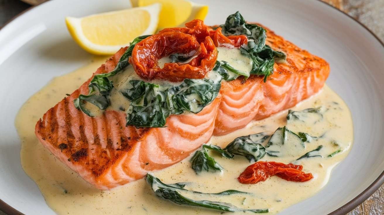 A delicious plate of creamy garlic Tuscan salmon with spinach and sun-dried tomatoes, garnished with lemon slices.