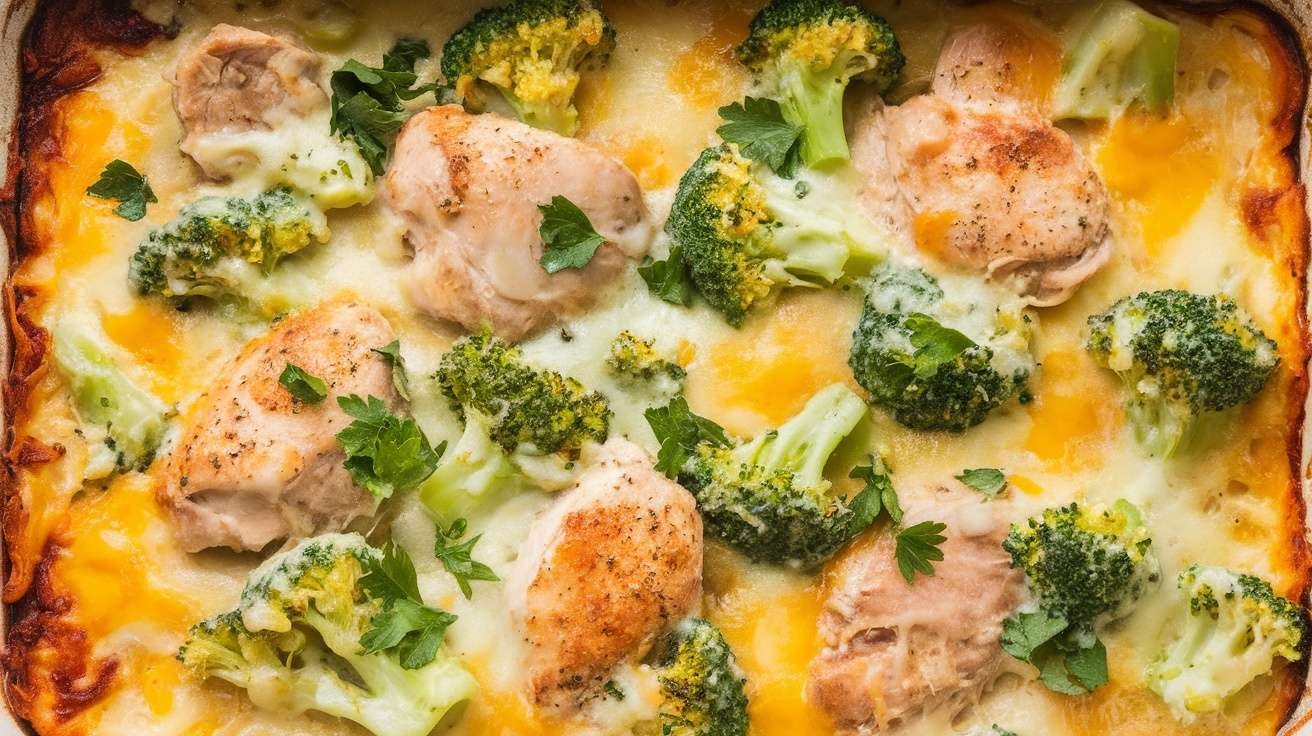 A delicious Cheesy Chicken Broccoli Casserole with chicken and broccoli topped with melted cheese.