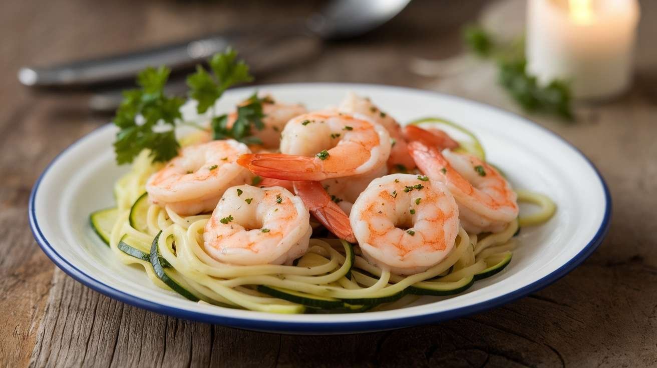 Plate of Keto Shrimp Scampi with zucchini noodles