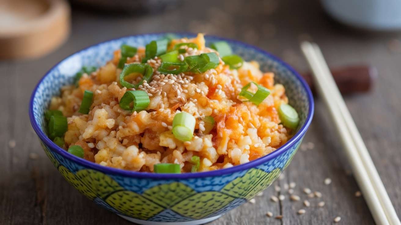 A bowl of colorful Keto Cauliflower Fried Rice topped with green onions and sesame seeds.