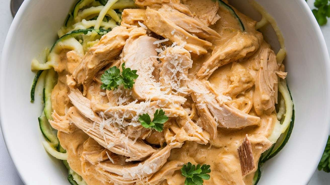 A bowl of Keto Chicken Alfredo with shredded chicken on top of zucchini noodles, garnished with parsley.