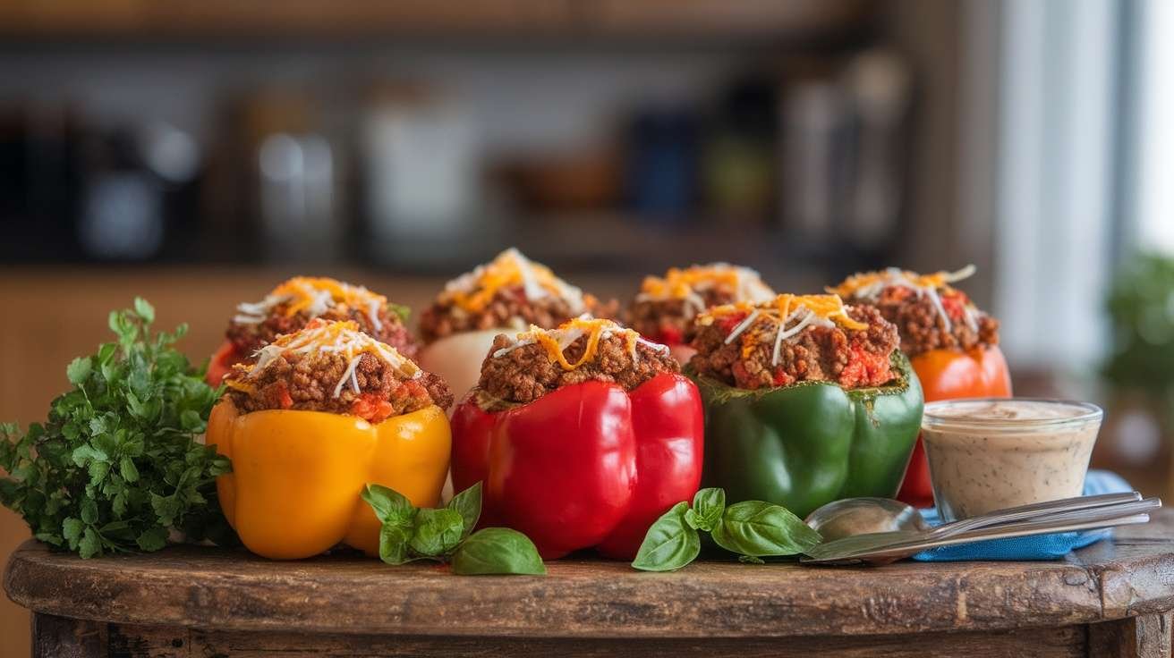 Keto stuffed peppers filled with ground meat, cauliflower rice, and topped with cheese.