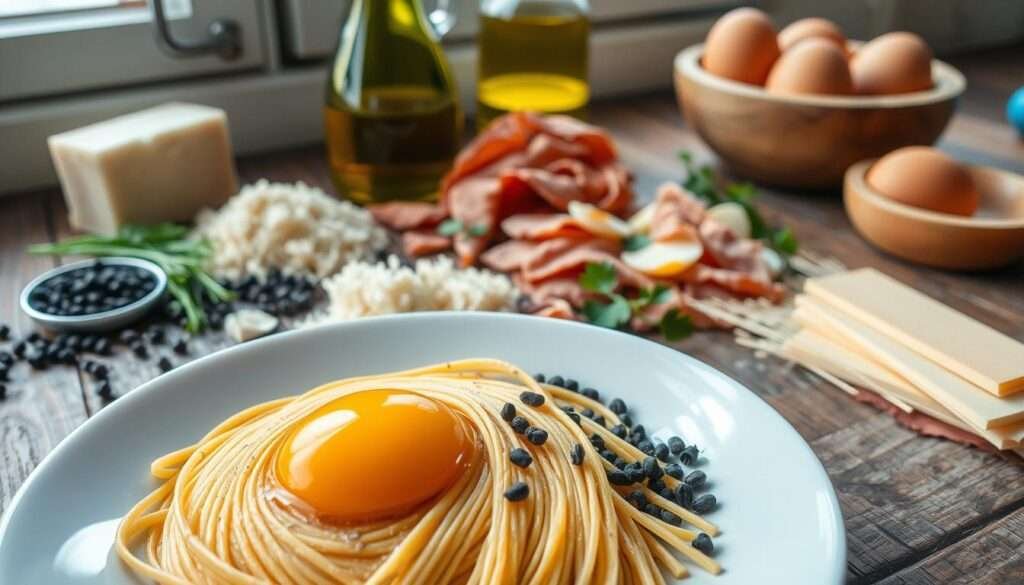 A beautifully arranged spread of fresh pasta ingredients on a rustic wooden table. In the foreground, durum wheat spaghetti noodles, cracked black peppercorns, and a golden yolk sit atop a clean white plate. Behind them, an array of grated Parmesan cheese, crisped pancetta slices, and sprigs of fresh parsley create a visually appealing middle ground. In the background, a glass bottle of extra virgin olive oil and a wooden bowl of shelled eggs complete the scene, illuminated by soft, natural lighting from a window. The overall atmosphere is one of simplicity, quality, and the comforting flavors of a classic Italian breakfast dish.