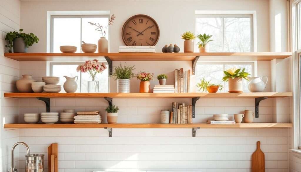 A bright, airy kitchen with open shelving showcasing a carefully curated collection of stoneware, potted plants, and vintage-inspired décor. The shelves are positioned against a backdrop of white subway tiles, bathed in warm, natural light filtering through large windows. Vases of fresh flowers and cookbooks add pops of color and texture, while sleek metal hardware and understated accessories create a harmonious, minimalist aesthetic. The shelves are arranged in a visually appealing, asymmetrical layout, drawing the eye and inviting further exploration. The overall mood is one of effortless sophistication and functional beauty, perfectly complementing the "Small Kitchen Decor: Ways to Make it Effective and Functional" theme.