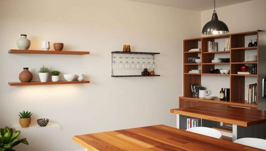A captivating image of creative cabinet alternatives for a small kitchen. In the foreground, an elegant floating shelving unit showcases decorative ceramics and potted plants. In the middle ground, a unique wall-mounted wine rack doubles as a display for colorful glassware. The background features a sleek, minimalist kitchen island with a solid wood top and open shelving for easy access to cookbooks and small appliances. Soft, ambient lighting illuminates the scene, creating a warm and inviting atmosphere. The overall composition emphasizes the blend of form and function, offering innovative storage and display solutions for a compact kitchen space.