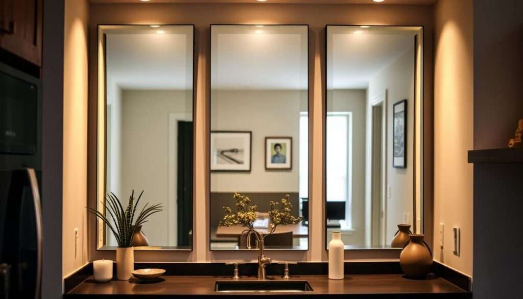 A cozy and intimate kitchen nook with a focal point of three elegant mirrors arranged in a dynamic, asymmetrical display. The mirrors are large, modern, and frameless, creating the illusion of depth and expansion in the small space. The lighting is soft and diffused, casting a warm glow that accentuates the reflective surfaces. The mirrors are positioned at various angles, strategically placed to bounce light and create the perception of a more spacious, open environment. Complementary decor elements, such as a minimalist plant or a subtle piece of wall art, add visual interest without cluttering the composition. The overall mood is one of calm, refined sophistication, perfectly suited for the "Mirrors to Create the Illusion of Space" section.
