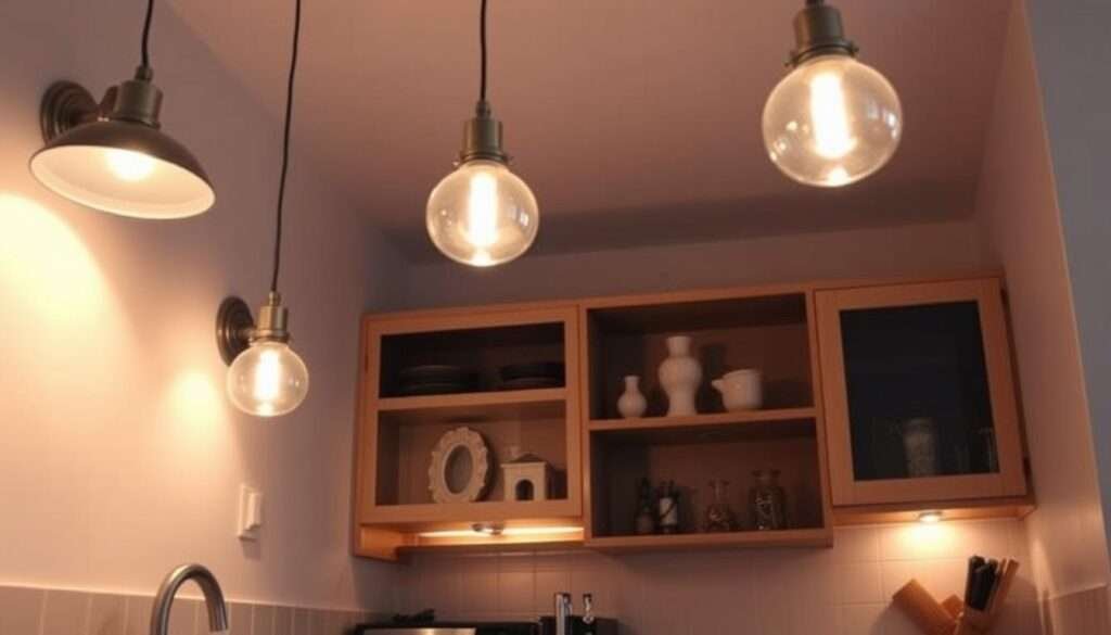 A cozy and well-lit kitchen with a mix of pendant lights, recessed lighting, and under-cabinet illumination. The warm glow of the lighting creates a inviting atmosphere, while strategically-placed fixtures accentuate the kitchen's architectural features and highlights the clean, minimalist design. The lighting is arranged to draw the eye towards the open shelving, where carefully curated decor pieces are displayed. Gentle shadows and highlights create depth and dimension, making the space feel larger and more spacious. The overall lighting scheme is both functional and aesthetically pleasing, serving to expand the perceived size of the compact kitchen.