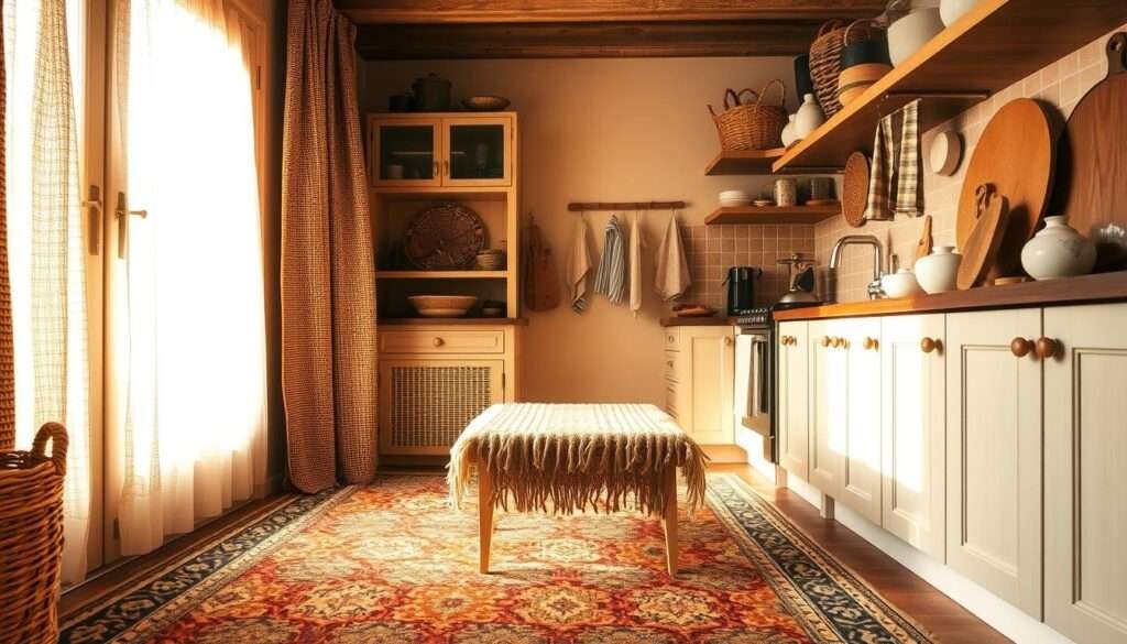 A cozy kitchen scene, bathed in warm, golden light from a nearby window. In the foreground, an intricately patterned area rug in earthy tones, inviting barefoot comfort. Layered on top, a plush, hand-woven runner in a complementary palette, its soft texture beckoning. Hanging from the walls, richly textured curtains and artfully draped kitchen towels, adding depth and visual interest. Artfully arranged, a collection of woven baskets and ceramics on the countertops, radiating the kitchen's lived-in, homely charm. The overall mood is one of welcoming warmth and rustic elegance, perfect for the heart of the home.