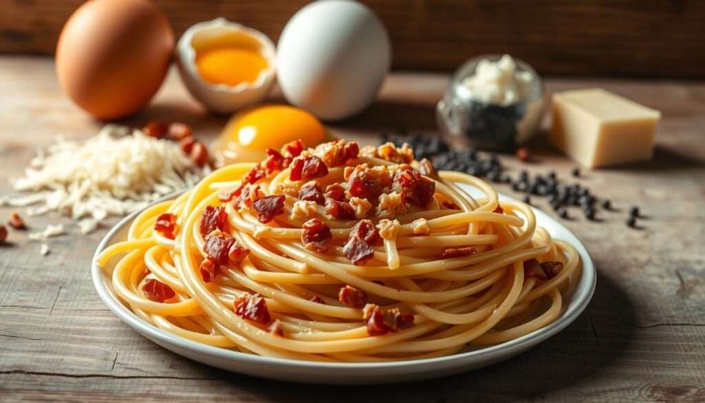 A delectable still life of a quick and comforting breakfast, showcasing the key ingredients of a classic Carbonara dish. In the foreground, a nest of freshly cooked spaghetti or linguine, glistening with a creamy sauce and scattered with crisp pancetta or bacon bits. Behind it, a pair of fresh eggs, their golden yolks waiting to be stirred into the pasta. The middle ground features a sprinkling of grated Parmesan cheese and a dusting of cracked black pepper. In the background, a rustic wooden surface, perhaps a weathered kitchen table or countertop, providing a warm, homely backdrop. The lighting is natural and soft, casting a gentle glow over the scene, evoking a sense of effortless, mouthwatering appeal.