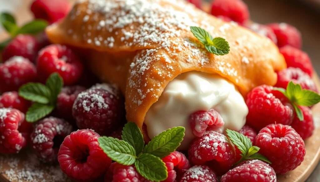 A delectable tres leches cannoli, its shell a crisp golden-brown, nestled among a scattering of fresh raspberries and mint leaves. The filling, a lush blend of sweetened condensed milk, evaporated milk, and heavy cream, exudes a decadent creaminess. Overhead, soft natural lighting casts a warm glow, accentuating the contrasting textures and enticing the viewer to indulge. The scene evokes a sense of indulgence and homemade charm, beckoning the viewer to savor the delightful fusion of classic Italian and Latin American flavors.