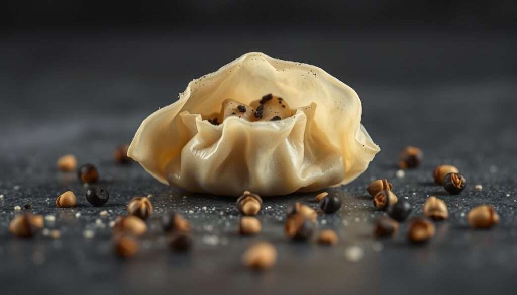 A delicate gyoza wrapper cradling a rich, creamy cacio e pepe filling, glistening with a dusting of freshly cracked black pepper. The foreground features this culinary marvel, shot from an angle that emphasizes the intricate folds and delicate texture of the dough. The middle ground showcases a scattering of whole peppercorns, their glossy surfaces reflecting the soft, warm lighting. In the background, a muted charcoal-gray surface provides a sleek, minimalist backdrop, allowing the gyoza's simple elegance to shine. The overall mood is one of refined indulgence, where the classic flavors of cacio e pepe have been elevated and transformed into a bite-sized work of edible art.