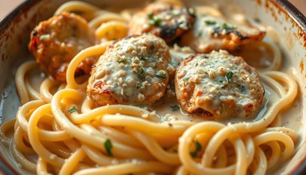A delightful close-up view of creamy pasta swirling in a shallow, ceramic dish. The noodles are perfectly al dente, coated in a rich, velvety sauce made with heavy cream, freshly grated Parmesan, and fragrant herbs. Juicy, pan-seared chicken thighs are nestled throughout, adding savory depth. Warm, soft lighting from the side casts a cozy glow, while a shallow depth of field keeps the focus on the luscious textures and mouthwatering details. The overall atmosphere is one of comfort, indulgence, and the promise of a satisfying, homemade meal.