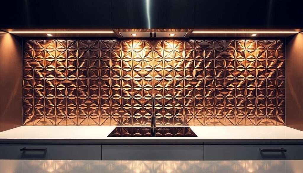 A luxurious modern kitchen backsplash design featuring a striking geometric pattern in shimmering metallic tones. The backsplash covers the full height of the wall, creating a captivating focal point. Dramatic overhead lighting casts a warm glow, accentuating the intricate design. The smooth, polished tile surface reflects the light, adding depth and dimension. The backsplash seamlessly integrates with the sleek cabinetry and countertops, exuding an atmosphere of refined elegance. This backsplash design is sure to become the star of the kitchen, elevating the entire space with its sophisticated, show-stopping aesthetic.