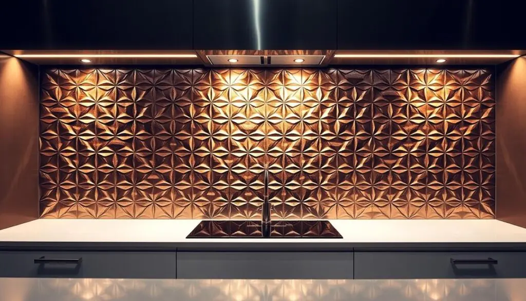 A luxurious modern kitchen backsplash design featuring a striking geometric pattern in shimmering metallic tones. The backsplash covers the full height of the wall, creating a captivating focal point. Dramatic overhead lighting casts a warm glow, accentuating the intricate design. The smooth, polished tile surface reflects the light, adding depth and dimension. The backsplash seamlessly integrates with the sleek cabinetry and countertops, exuding an atmosphere of refined elegance. This backsplash design is sure to become the star of the kitchen, elevating the entire space with its sophisticated, show-stopping aesthetic.