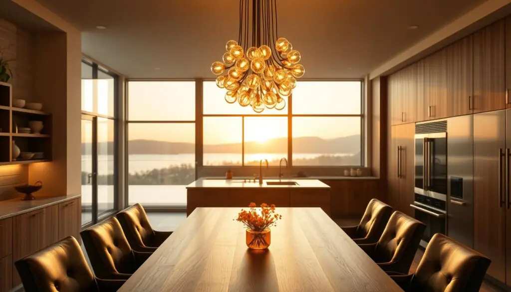 A luxurious, modern kitchen bathed in a warm, golden glow from an elegant, minimalist chandelier suspended above a sleek, wooden dining table. Cascading from the chandelier, delicate glass orbs emit a soft, diffused light, creating a cozy, inviting ambiance. Surrounding the table, plush, leather-upholstered chairs invite guests to linger and savor the moment. In the background, high-end, stainless steel appliances gleam, complementing the smooth, granite countertops and the rich, wood-paneled cabinetry. Through large, floor-to-ceiling windows, the fading rays of the sunset cast a beautiful, natural light, infusing the space with a serene, tranquil atmosphere.