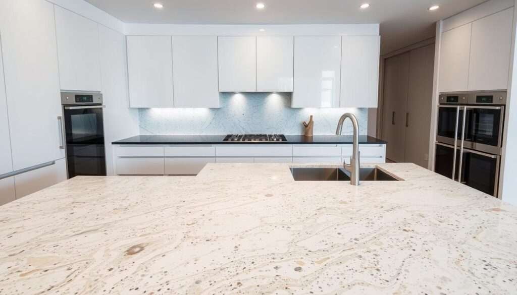 A modern, high-end kitchen with a stunning terrazzo countertop design. The countertop features a mix of natural stone, quartz, and glass fragments in a mesmerizing pattern of swirls and speckles. Crisp, even lighting illuminates the textured surface, highlighting the depth and character of the material. The countertop flows seamlessly into a minimalist island, creating a cohesive and visually striking focal point in the space. Sleek, contemporary cabinetry and appliances frame the countertop, complementing its unique aesthetic. The scene conveys a sense of luxury, sophistication, and unexpected material choice that elevates the kitchen design.