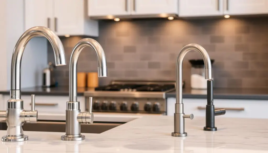 A modern kitchen with a layered, high-end aesthetic. In the foreground, a mix of shiny chrome, brushed nickel, and matte black faucets, drawer pulls, and cabinet hardware create a cohesive, luxurious look. The middle ground features stainless steel appliances with a sleek, polished finish, reflecting the warm lighting from above. In the background, a backsplash of muted gray tiles provides a subtle, textured backdrop, complementing the metallic accents. The overall mood is one of refined sophistication, with careful attention to detail and a harmonious blend of different metal tones.