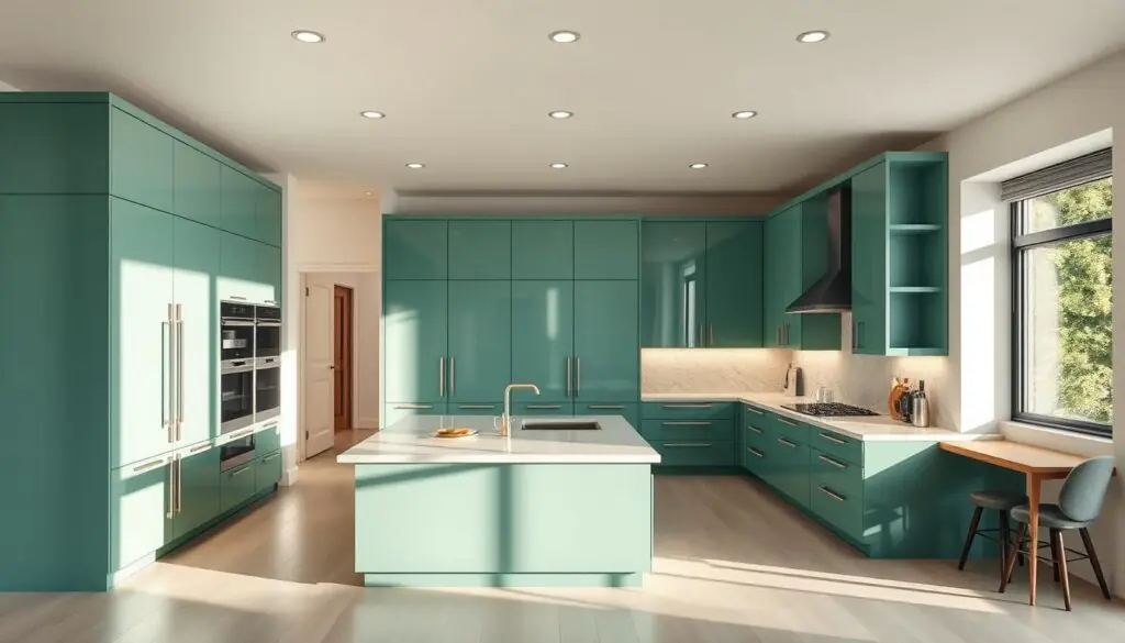 A modern luxury kitchen with sleek, verdant cabinetry in a softly lit, spacious and airy setting. The elegant, L-shaped design features a large central island with a marble countertop, surrounded by well-appointed appliances in stainless steel. Recessed lighting gently illuminates the room, casting a warm, inviting glow. The windows let in abundant natural light, reflecting off the high-gloss cabinet doors. Subtle wood accents and a minimalist backsplash create a cohesive, visually striking ambiance that elevates the kitchen to a true centerpiece of modern, luxurious design.
