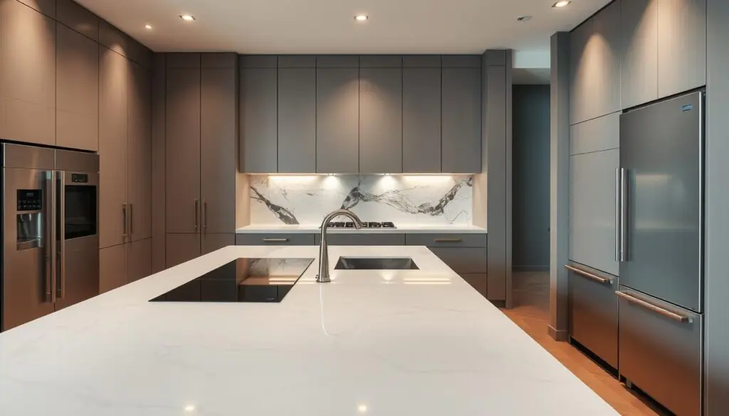 A modern, sleek kitchen with luxury appliances seamlessly integrated into the design. A glossy, minimalist island serves as the focal point, its smooth marble surface complemented by high-end, built-in induction cooktops. The backsplash features a striking, abstract pattern, its colors echoed in the understated, recessed lighting that casts a warm, ambient glow. Tall, minimalist cabinetry in a muted, neutral palette lines the walls, their handles hidden to maintain the clean, uncluttered aesthetic. Stainless steel, integrated refrigerators and dishwashers are subtly incorporated, their presence hinted at rather than boldly displayed. The overall effect is one of understated elegance, where the appliances are artfully concealed within the thoughtful, sophisticated design.
