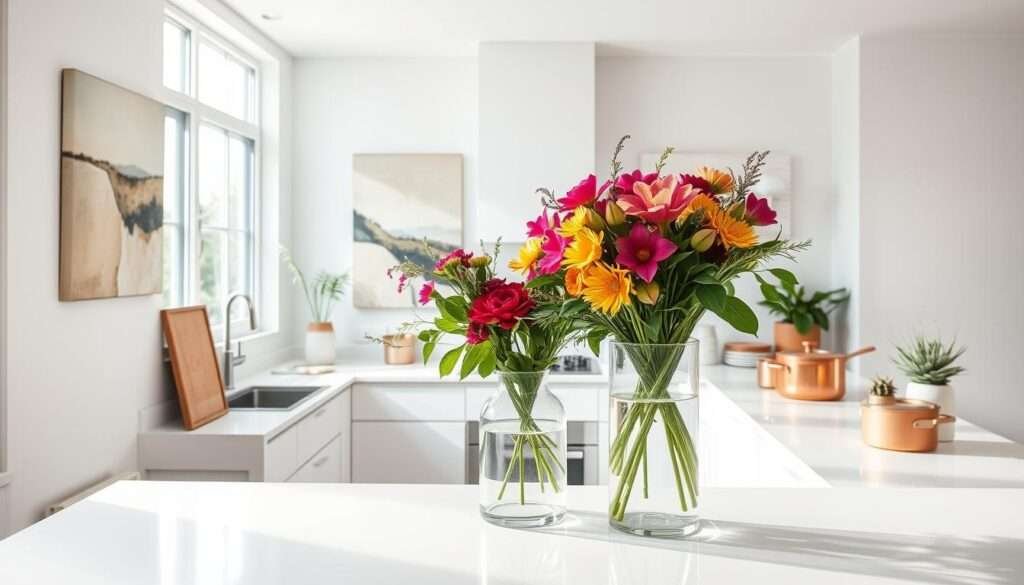 A modern, well-lit kitchen featuring thoughtfully curated art and accessories. In the foreground, a sleek glass vase holds a vibrant floral arrangement, complementing the crisp, white countertops. On the walls, abstract canvases in muted tones create a sense of serene sophistication. Strategically placed copper cookware and minimalist ceramic planters add pops of warm metallics, while a large window allows natural light to flood the space, casting a soft glow over the entire scene. The overall atmosphere exudes a harmonious blend of functionality and artistic expression, inspiring culinary creativity and everyday joy.
