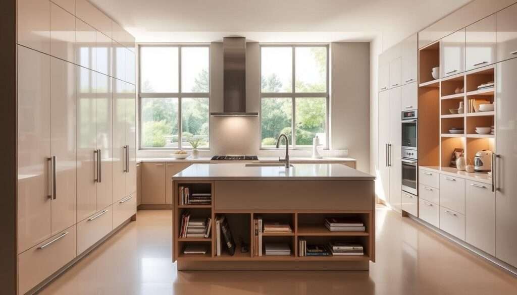 A modern, well-lit luxury kitchen with sleek, custom-designed storage solutions. In the foreground, a bank of floor-to-ceiling cabinets with integrated lighting, soft-close hinges, and hidden pull-out drawers for optimal organization. In the middle ground, a central island with a quartz countertop, featuring built-in shelves and cubbies for storing cookbooks, small appliances, and other kitchen essentials. The background showcases large windows overlooking a serene outdoor space, allowing natural light to flood the room and create a warm, inviting atmosphere. The overall aesthetic is clean, minimalist, and tailored to the homeowner's lifestyle, delivering a clutter-free, high-functioning luxury kitchen.