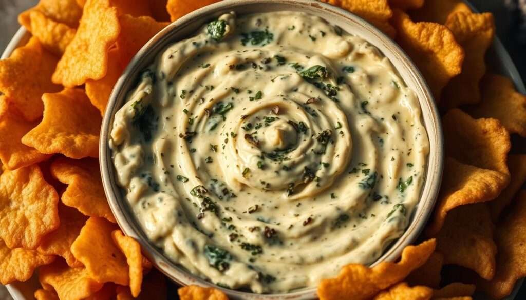 A scrumptious bowl of creamy spinach and artichoke dip, surrounded by crisp, golden-brown pasta chips. The dip's vibrant green and flecks of fresh herbs create a visually appealing contrast against the earthy tones of the artichoke hearts and the rustic texture of the homemade chips. Soft lighting casts a warm glow, highlighting the luscious, melted cheese and the inviting, bubbly surface of the dip. The arrangement evokes a cozy, comforting atmosphere, perfectly capturing the essence of this irresistible appetizer pairing.
