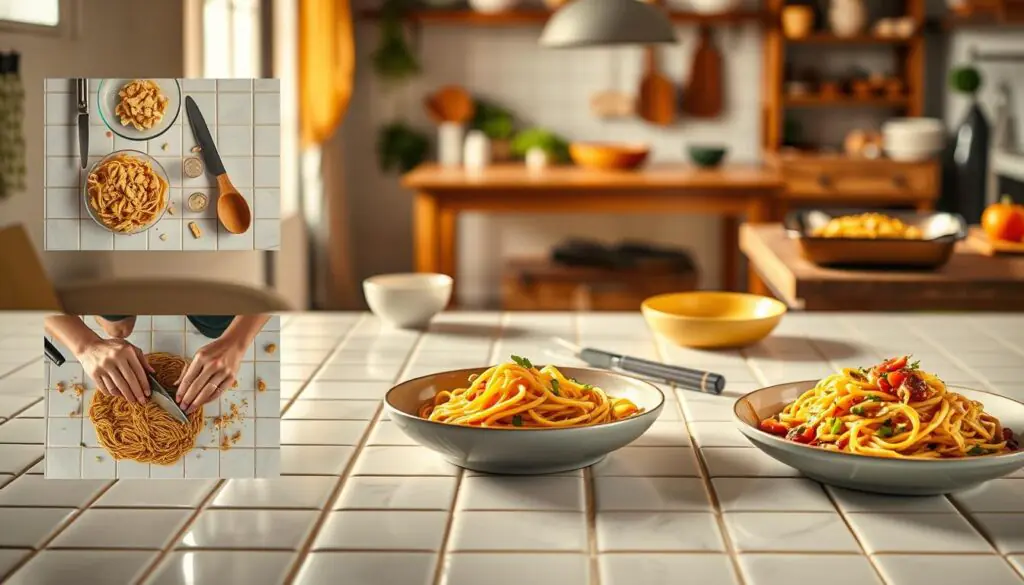 A series of step-by-step cooking instructions on white ceramic tiles, with a warm, natural lighting illuminating the scene. In the foreground, hands carefully preparing each step, chopping, stirring, and assembling the dish with precision. The middle ground features the various ingredients and tools needed, arranged neatly. In the background, a blurred, cozy kitchen setting, with a wooden table and shelves in the distance. The overall atmosphere is one of a well-organized, methodical cooking process, inviting the viewer to follow along and recreate the delicious spaghetti all'assassina recipe.