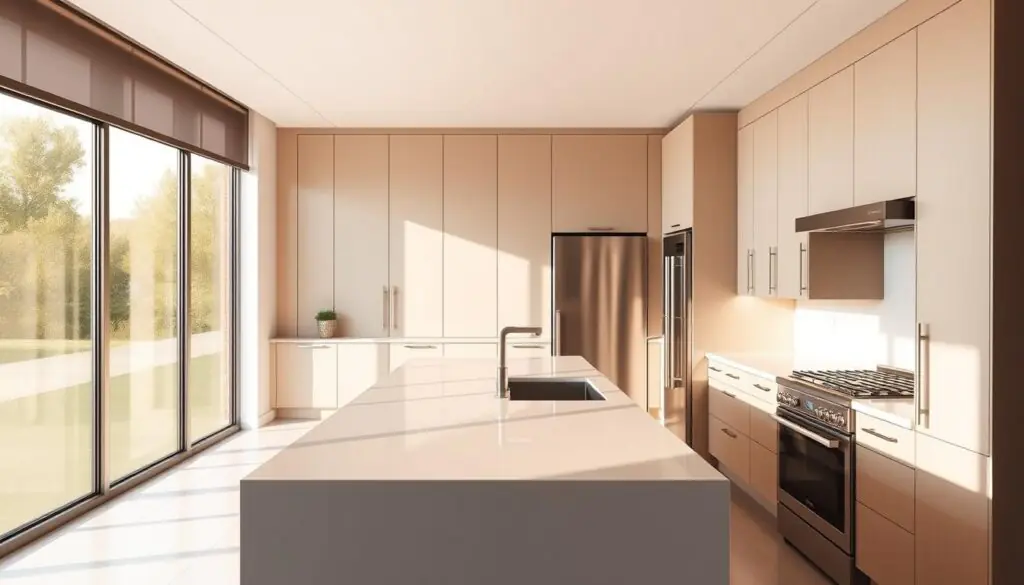 A sleek and modern galley kitchen, illuminated by warm, natural lighting filtering through large windows. The design features clean lines, minimalist cabinetry in neutral tones, and a stylish backsplash that adds a touch of subtle sophistication. A central island with a smooth, glossy countertop serves as the focal point, providing ample space for meal preparation and casual dining. Stainless steel appliances gleam, complementing the overall contemporary aesthetic. The layout is efficient, with a seamless flow between the various work zones, creating a highly functional and visually appealing space that exudes a sense of luxury and refinement.