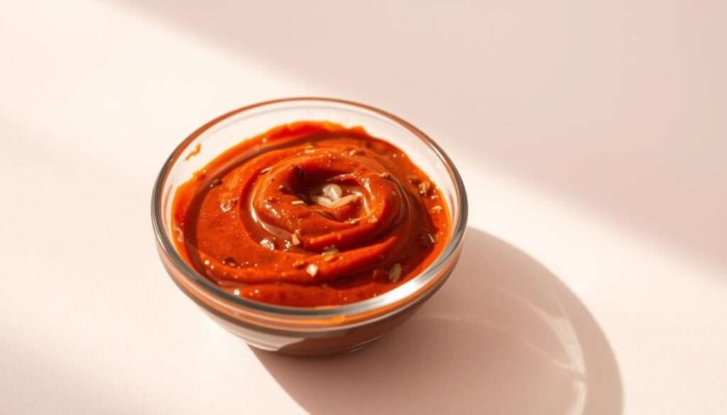 A small glass bowl filled with a vibrant, rusty-red harissa paste. The paste has a thick, creamy texture, dotted with specks of chili flakes, garlic, and aromatic spices. The lighting casts warm, raking shadows across the surface, highlighting the smooth, glossy finish. The background is a soft, muted color, allowing the harissa to take center stage and showcase its bold, complex flavors. The composition is clean and minimal, drawing the viewer's attention directly to the captivating essence of this flavorful condiment.