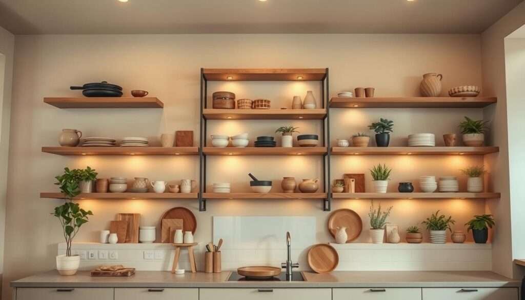 A spacious and airy kitchen with open shelving displaying an array of earthy ceramics, natural wood accents, and potted plants. The shelves are arranged in a clean, minimalist style, with ample space between each item. Warm, diffused lighting illuminates the scene, creating a cozy and inviting atmosphere. The kitchen has a beige color palette, with subtle textures and natural materials that complement the open shelving. The angle captures the shelves from a slightly elevated perspective, showcasing their depth and allowing the viewer to appreciate the carefully curated selection of items.