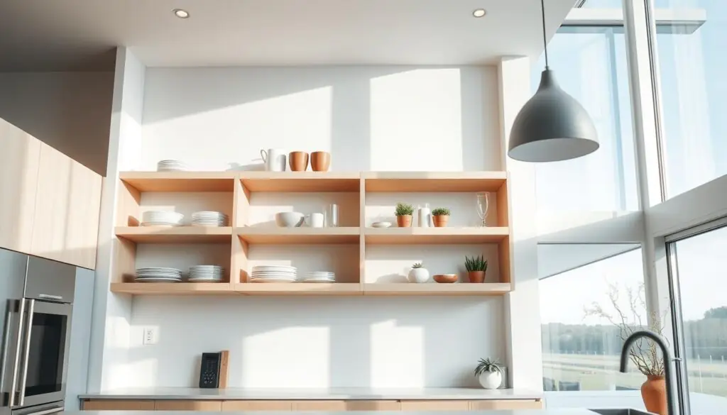 A spacious modern kitchen filled with natural light, featuring open shelving in a clean, minimalist style. The shelves are made of light-colored wood, with neatly arranged ceramic dishes, glass vases, and small potted plants creating a curated, artful display. The kitchen has a bright, airy atmosphere, with large windows overlooking a serene outdoor landscape. The shelving is illuminated by a combination of overhead lighting and soft, diffused natural light, casting gentle shadows and highlights on the carefully selected decor items. The camera captures the shelving at a slightly low angle, emphasizing the height and visual impact of the open storage solution within the kitchen's sophisticated, contemporary design.