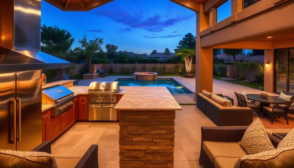 A sprawling outdoor kitchen overlooking a lush backyard oasis. Sleek stainless steel appliances gleam under warm, ambient lighting. A large stone grill island forms the centerpiece, flanked by wooden cabinetry and a stylish tile backsplash. Plush outdoor seating creates an inviting lounge area, perfect for entertaining guests. In the distance, a rectangular swimming pool reflects the evening sky, while verdant landscaping frames the serene scene. The overall atmosphere exudes sophistication and laid-back elegance, ideal for effortless alfresco dining and socializing.
