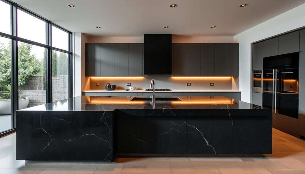 A striking, modern kitchen island with clean, geometric lines and a dramatic, oversized waterfall countertop made of sleek, polished black granite. Soft, warm lighting from recessed ceiling fixtures creates a cozy ambiance, while floor-to-ceiling glass windows let in abundant natural light, casting a soft glow on the minimalist, handleless cabinets in a cool, muted gray. The island's monumental presence commands attention as the focal point of the space, exuding an air of sophisticated, luxurious simplicity.
