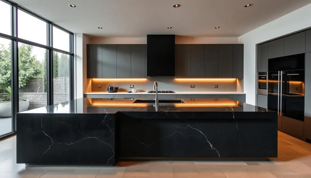 A striking, modern kitchen island with clean, geometric lines and a dramatic, oversized waterfall countertop made of sleek, polished black granite. Soft, warm lighting from recessed ceiling fixtures creates a cozy ambiance, while floor-to-ceiling glass windows let in abundant natural light, casting a soft glow on the minimalist, handleless cabinets in a cool, muted gray. The island's monumental presence commands attention as the focal point of the space, exuding an air of sophisticated, luxurious simplicity.