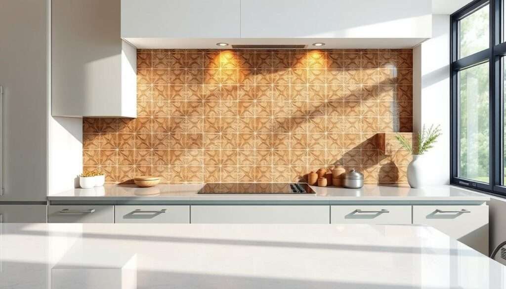 A stylish kitchen backsplash with an eye-catching tile pattern, set against a bright and airy kitchen interior. The backsplash takes center stage, featuring an intricate geometric design in a mix of earthy tones, creating a strong visual impact. Soft, diffused natural lighting from large windows illuminates the space, casting gentle shadows that accentuate the texture and depth of the tiles. The backsplash is seamlessly integrated into the overall design, complementing the sleek cabinetry, gleaming countertops, and minimalist decor. The resulting image evokes a sense of modern sophistication and a kitchen that is both functional and visually striking.
